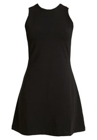 Robe noire sans manches en coton, avec un col rond et une silhouette évasée, dotée d'une texture lisse et sans motifs visibles.