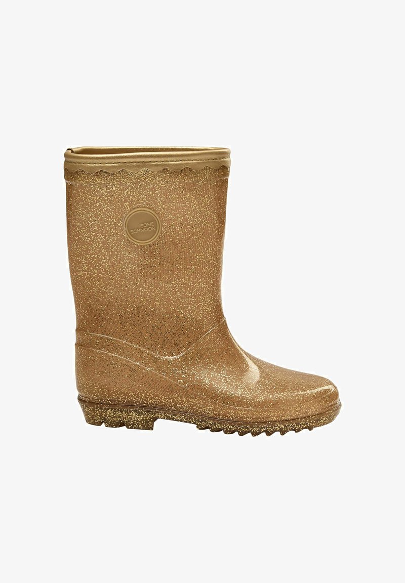 Kultainen glitterinen keskipitkä sadekenkä, jossa on aaltoileva yläreuna ja pyöreä logokuvake sivulla.