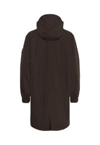Long manteau à capuche marron foncé avec poignets élastiques et une fente centrale au dos, montré de dos sur fond blanc.
