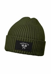 Olive green ribbed knit beanie with fold-up cuff featuring a black patch labeled "valhalla" and crossed axes graphic.