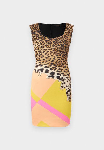 Φόρεμα εφαρμοστό χωρίς μανίκια με τοπ σε λεοπάρ μοτίβο και πολύχρωμο γεωμετρικό κάτω μέρος σε τόνους ροδάκινου, κίτρινου και ροζ, με φερμουάρ στην πλάτη.