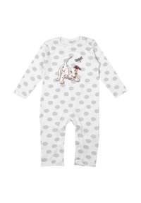 Body bianco a maniche lunghe con pois grigi, caratterizzato da un'illustrazione di un cane da fumetto con un collare rosso e un disegno di una libellula sopra.