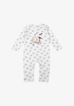 Body bianco a maniche lunghe con pois grigi, caratterizzato da un'illustrazione di un cane da fumetto con un collare rosso e un disegno di una libellula sopra.