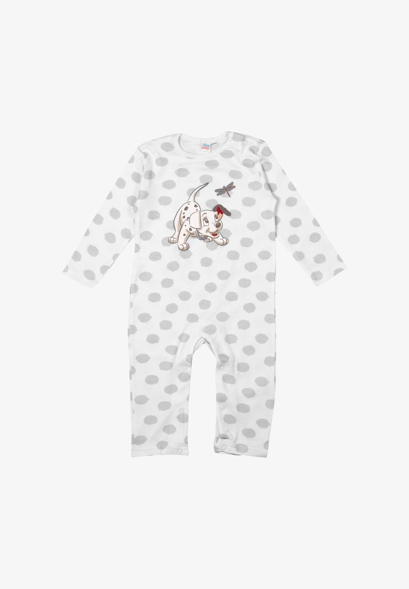 Body bianco a maniche lunghe con pois grigi, caratterizzato da un'illustrazione di un cane da fumetto con un collare rosso e un disegno di una libellula sopra.