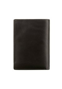 Portafoglio in pelle marrone scuro con una texture liscia, design verticale e cuciture a contrasto lungo i bordi. Nessun hardware o motivo visibile.