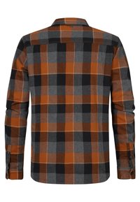 Męska koszula flanelowa w kratę w kolorach czarnym, pomarańczowym i szarym. Posiada długie rękawy, mankiet na guziki oraz klasyczny kołnierz z zaokrąglonym dołem.