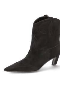 Black suede ankle boot with pointed toe, subtle decorative stitching, and a low heel. Features a pull tab for easy wear.