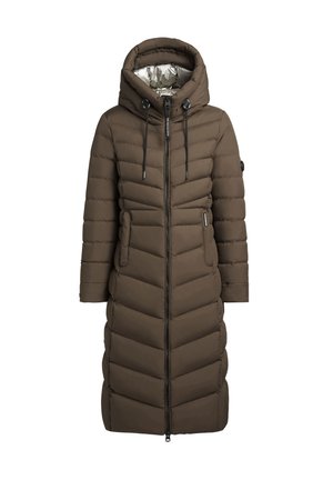 Palton căptușit maro cu glugă, dotat cu o fermoar frontal, șnururi și un model cusut în formă de V pe corp. Interiorul este metalic.