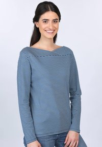 Blau- und grau gestreiftes Langarmoberteil mit weitem Boatneck und lockerer Passform, aus einem weichen, leichten Stoff gefertigt.