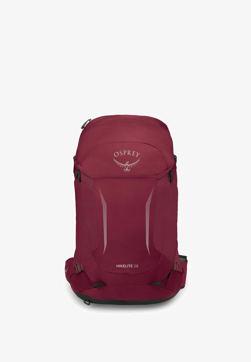 Osprey Hikelite 28 rugzak in donkerrood, met een gestructureerd ontwerp, ademend materiaal, reflecterende accenten en verstelbare banden.