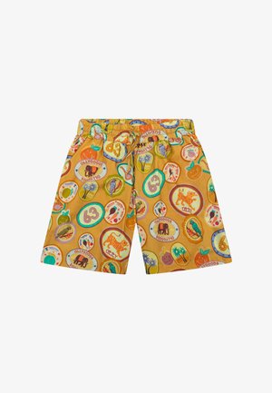 Oranje korte broek met elastische taille en meerkleurige cirkelvormige patches met dieren, fruit, cijfers en tekstlogo's.
