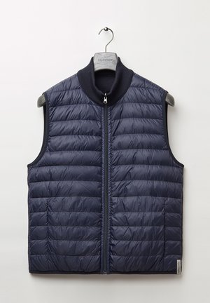 Marineblauer Steppwesten mit einem gesteppten Design, Stehkragen, Frontreißverschluss und seitlichen Taschen. Hergestellt aus leichtem, wasserabweisendem Material.