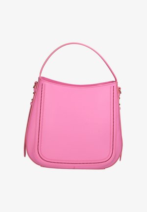 Roze leren schoudertas met gebogen bovenste handvat, decoratieve geperforeerde randstiksels en goudkleurige hardware accenten aan de zijkanten.