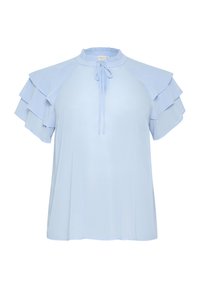 Light blue blouse with layered flutter sleeves, a ruffled neckline, and a neck tie detail, made from a soft, lightweight fabric.