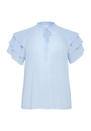 Light blue blouse with layered flutter sleeves, a ruffled neckline, and a neck tie detail, made from a soft, lightweight fabric.