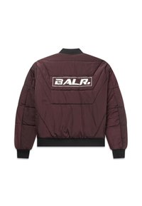 Burgundy puffer jacket with quilted texture, ribbed collar and cuffs, featuring a large white "BALR." logo on the back.