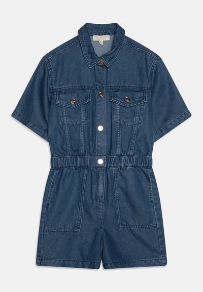 Denim jumpsuit with short sleeves, two chest pockets, elastic waistband, and gold button accents. Dark blue color with smooth texture.
