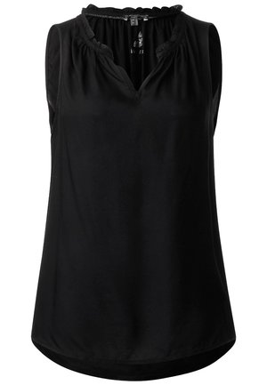 Zwarte mouwloze blouse met een V-hals en geplooide details bij de halslijn. Glad stof, losse pasvorm en afgeronde zoom.