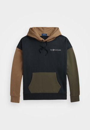 Hooded sweatshirt featuring a black body, brown sleeves, and green pocket. Made of cotton with a front kangaroo pocket and logo.