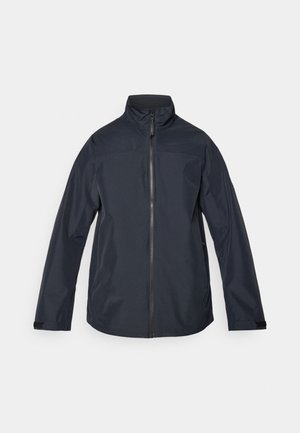 Dark navy waterproof jacket with a high collar, full front zipper, long sleeves, and elastic cuffs. Smooth, lightweight fabric with minimal design.