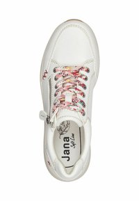 White leather sneaker with floral-patterned laces, zipper detail, padded insole, and rubber outsole. Brand name "Jana Soft Line" visible inside.