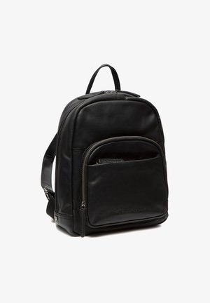 Black leather backpack with a smooth texture, padded interior, front zip pocket, and adjustable shoulder straps. Features a top handle.