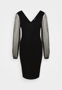 Black fitted dress with a deep V-neck and sheer black polka dot puff sleeves. The fabric is smooth, and the sleeves feature gathered accents.