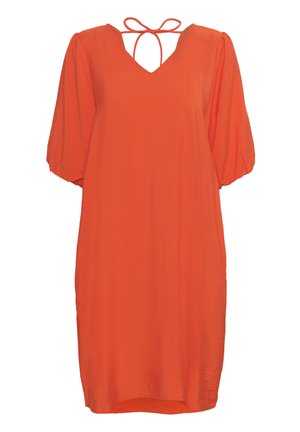 Kollane lühike kleit V-kaelusega, puhvvarrukatega ja sidumisega seljaosas. Valmistatud kergest, kortsusest kangast.