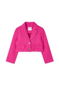 Blazer corto rosa realizzato in tessuto morbido, con colletto a risvolto, due tasche frontali e due bottoni rotondi per la chiusura.