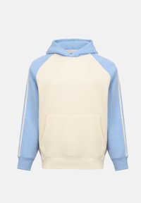 Sweat à capuche avec un corps crème, des manches raglan bleu clair, deux bandes blanches sur les manches et une poche kangourou à l'avant.