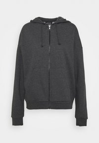 Donkergrijze rits-hoodie van zachte stof, met een trekkoordcapuchon, voorzakken en ribgebreide mouwen en onderkant.