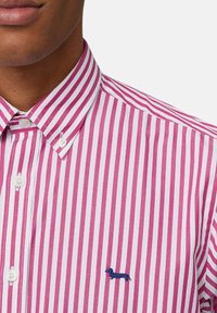 Gestreepte shirt met roze en witte verticale strepen, button-down kraag en een blauwe geborduurde teckel op de linkerkant van de borst.