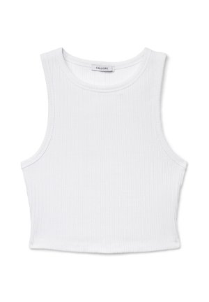 Top corto bianco senza maniche con costine, scollo rotondo e etichetta del marchio "Calliope" all'interno del colletto.