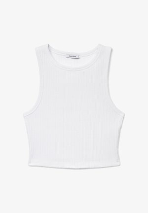 Top corto bianco senza maniche con costine, scollo rotondo e etichetta del marchio "Calliope" all'interno del colletto.