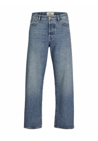 Hellblaue gerade geschnittene Jeans aus Denim; verfügt über fünf Taschen, einen oberen Knopfverschluss und minimale Ausbleichungen für einen klassischen Look.