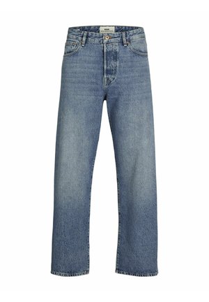 Light blue straight-leg jeans made of denim; features five pockets, a front button closure, and minimal fading for a classic look.