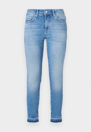 Light blue denim jeans with a slim fit, five-pocket design, and slight frayed hem. Features a front button closure and subtle fading.