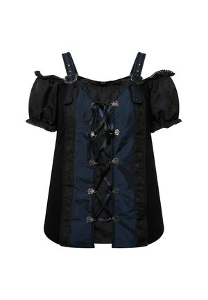 Zwarte en marineblauwe blouse met off-shoulder pofmouwen, een lace-up voorkant met decoratieve zilveren accenten en een textuurstof. Inclusief verstelbare schouderbanden.