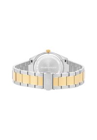 Reloj de acero inoxidable con pulsera bicolor; acentos en plata y oro; caja redonda; parte trasera grabada con "SPEARS & WALKER"; corona a las 12 en punto.