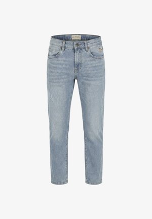Jeans in denim azzurro chiaro con taglio a gamba dritta, chiusura frontale con bottoni e cerniera, e leggere usure su cosce e ginocchia.