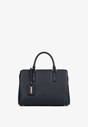 Zwarte, gestructureerde leren handtas met dubbele handvatten, hardware in goudtint en een hanglabel met merknaam "Hexagona Paris" aan de voorkant.