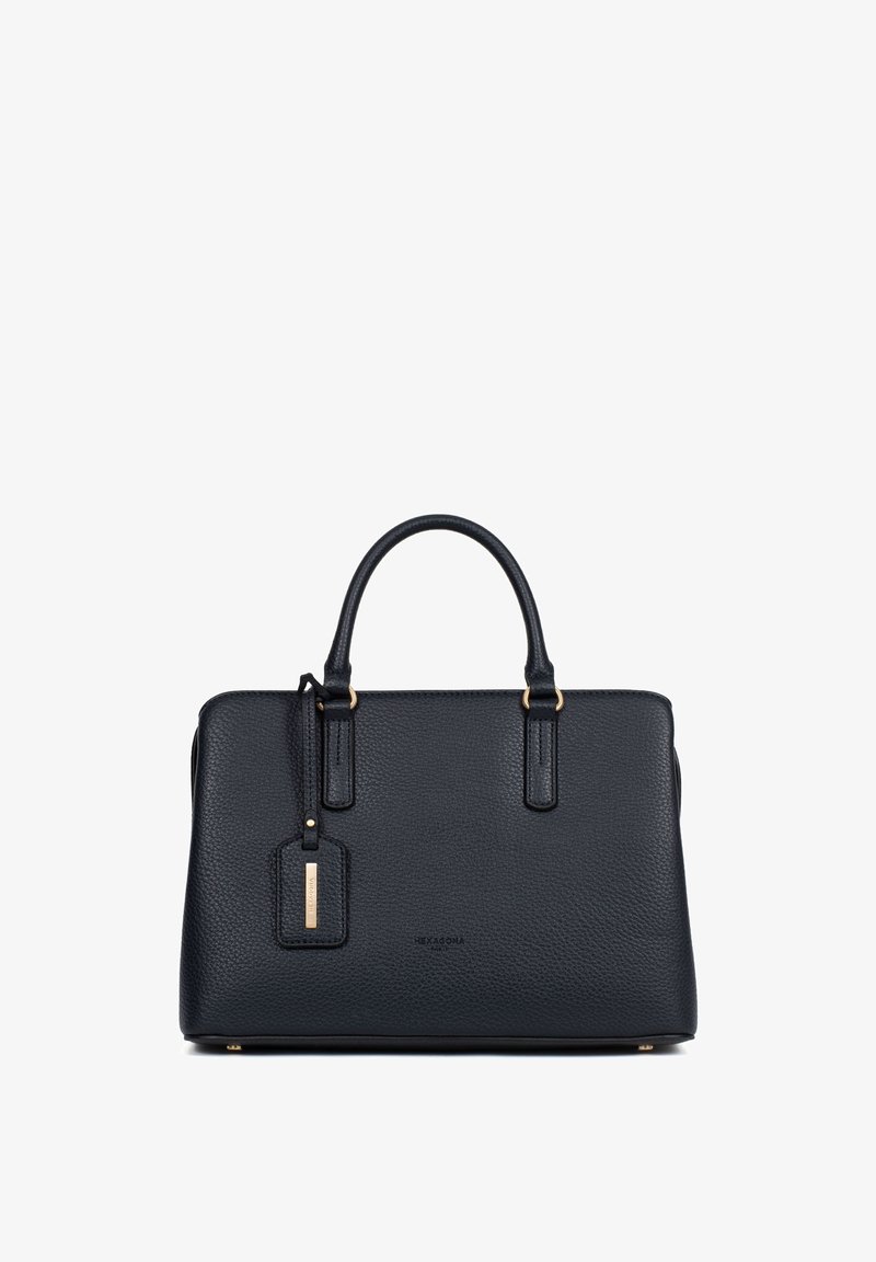 Zwarte, gestructureerde leren handtas met dubbele handvatten, hardware in goudtint en een hanglabel met merknaam "Hexagona Paris" aan de voorkant.