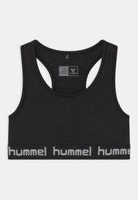 Czarny sportowy biustonosz z okrągłym dekoltem, szerokimi ramiączkami i teksturowanym pasem z szarym logo "hummel". Wykonany z gładkiego, elastycznego materiału.