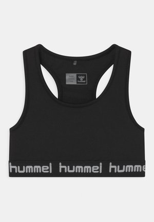 Sort sports-bh med rund halsudskæring, brede stropper og et struktureret bånd med "hummel" logo i grå. Fremstillet af glat, strækbart materiale.