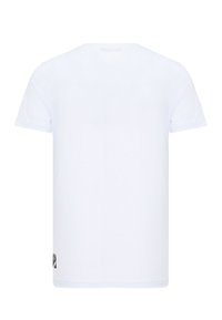 Weißes T-Shirt mit kurzen Ärmeln, Rundhalsausschnitt und kleinem schwarzen Logo am unteren linken Saum. Hergestellt aus weichem Baumwollmaterial.