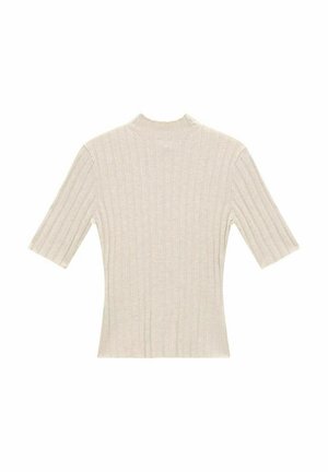 Light beige ribbed knit top with a mock neck and short sleeves, featuring a fitted silhouette and smooth texture.