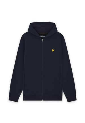 Zwarte hoodie met ritssluiting, voorzien van een klein geel vogelletje logo op de linkerborst en twee zakken aan de voorkant, weergegeven tegen een witte achtergrond.