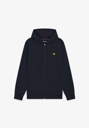 Zwarte hoodie met ritssluiting, voorzien van een klein geel vogelletje logo op de linkerborst en twee zakken aan de voorkant, weergegeven tegen een witte achtergrond.