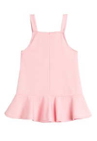 Vaaleanpunainen hihaton mekko, jossa on teksturoitu kangas, levenevä helma ja säädettävät hihnat. Muotoilussa on suora selkä ja yksinkertainen malli.