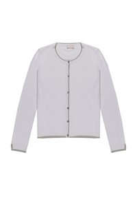 Cardigan bianco realizzato in tessuto leggero, caratterizzato da un collo rotondo, rifiniture argentate lungo i bordi e chiusura con bottoni sul davanti.